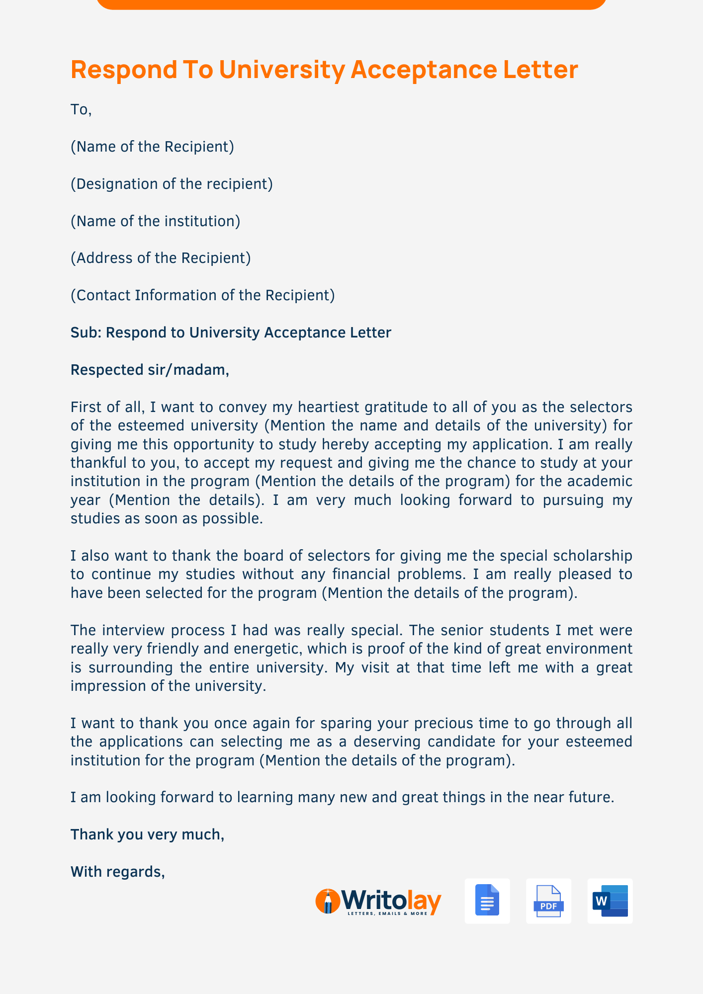 university acceptance letter reply