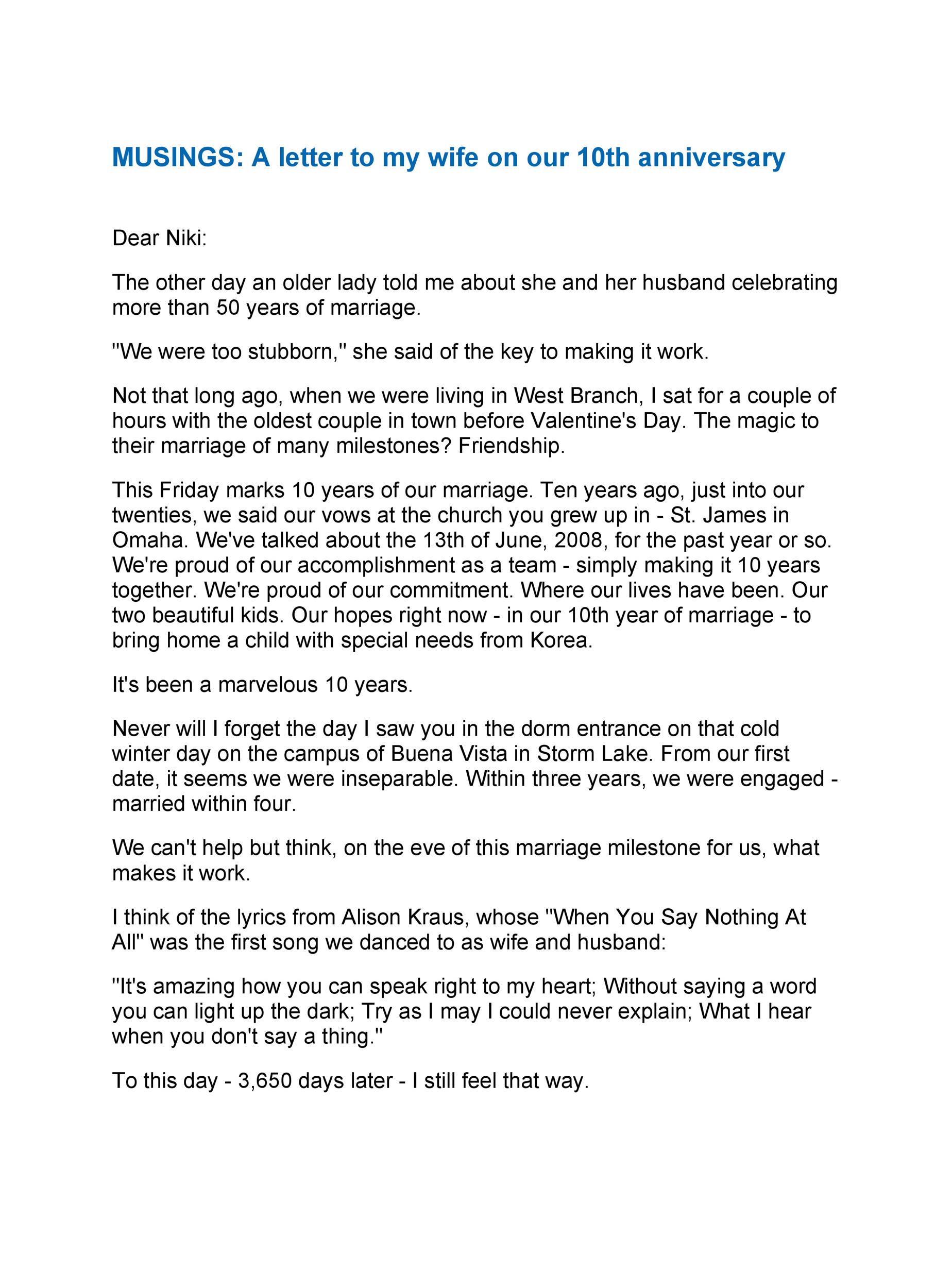 10th anniversary letter to wife