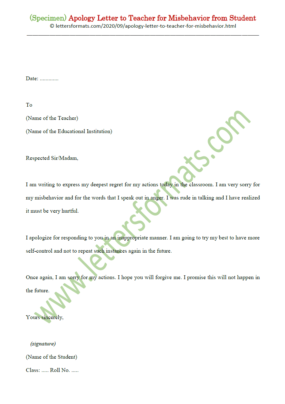 apology letter to teacher for misbehavior from parents