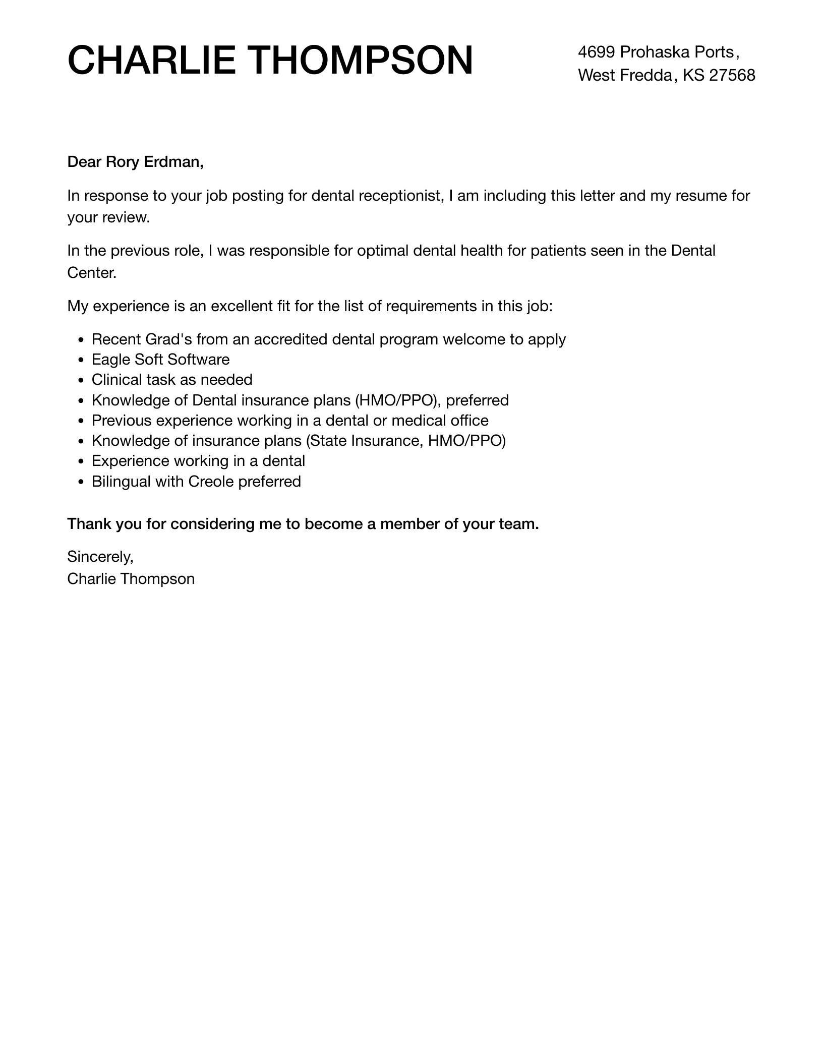 Dentist Receptionist Cover Letter