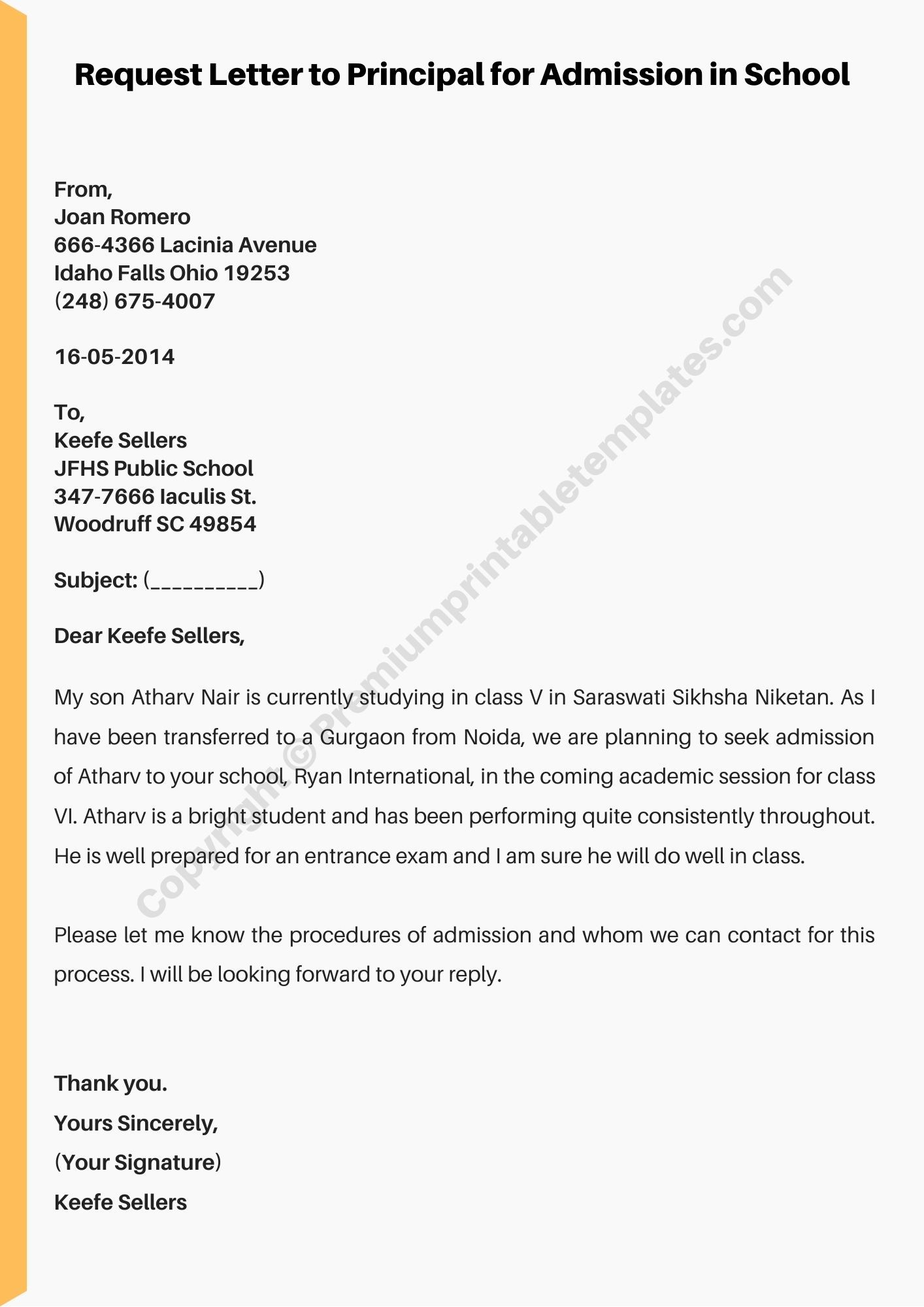Letter To Principal For Admission